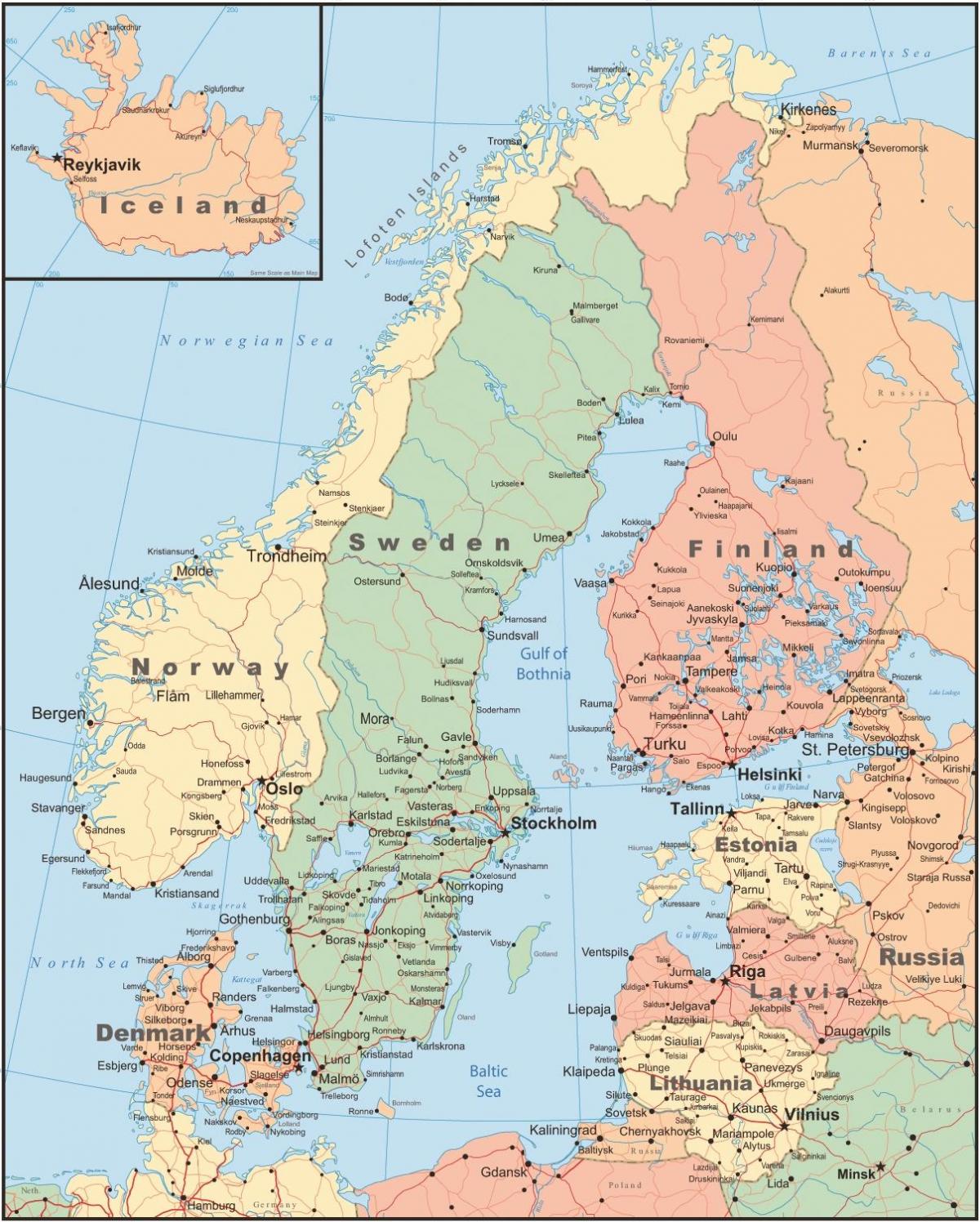 რუკა ფინეთი და მის მიმდებარე ქვეყნებში